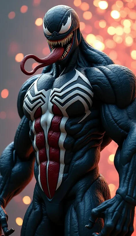 Créez une créature sombre et musclée inspirée du personnage de Venom, représentant les États-Unis. La créature a une peau noire et veineuse, parcourue de lignes rouges, blanches et bleues symbolisant le patriotisme. Son torse est marqué dun symbole d étoil...