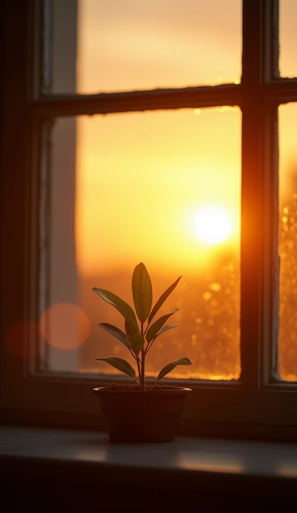 cinematic, First light in the morning :  A sunrise seen from a window ,  with golden rays of sunshine that gently illuminate the room. on the windowsill, there is a small plant growing ,  symbolizing hope and rebirth .
