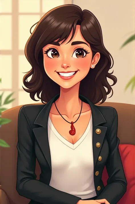  a cartoon image of a middle-aged woman with hair medium-length dark brown,  and a fringe that falls over her forehead .  She has fair skin and dark brown eyes ,  prominent nose and a wide smile .  She seems to be in a relaxed posture , sitting with her ha...