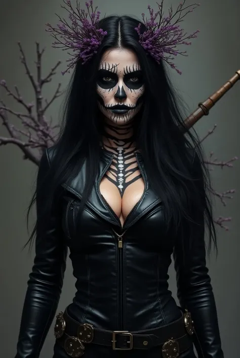 a woman,  black hair with purple twigs, Face Catrina ,  holding weapons , leather suit