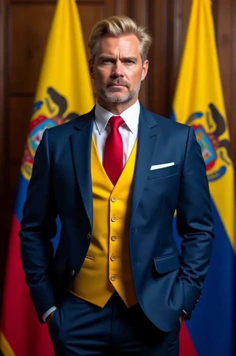 Henry Cavill blond with blue tuxedo yellow vest and red tie and behind him the flag of Ecuador as president 