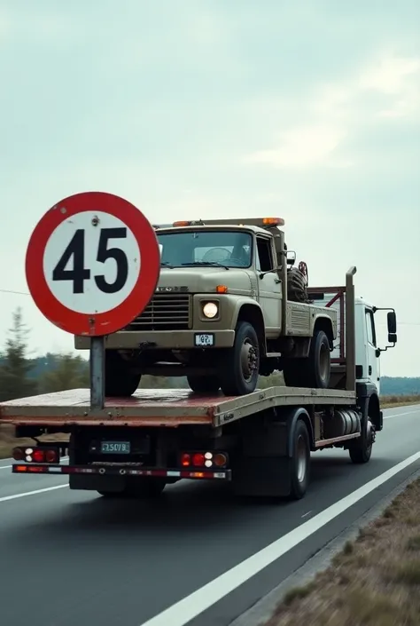 laweta na samochody, Iveco w kolorze khaki na pace duży znak prędkości 45