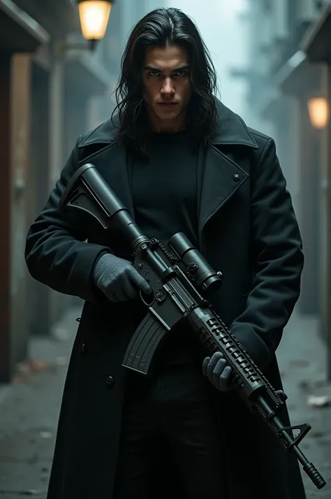  Create an image of a male character of approximately 25 years old who carries an assault rifle, has long black hair and deep eyes ,  wearing regular clothing with a black overcoat and a strong physique 