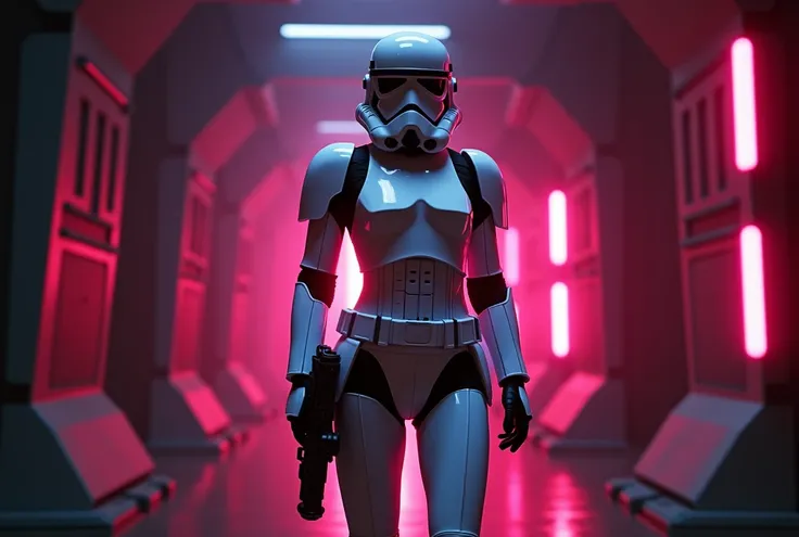 DVD screengrab from 1980s Dark Fantasy movie,  Beautiful First Order SEXY Female Stormtrooper, They hold blasters in their hands, They stand and aim them, Their SEXY PINK armor clearly shows the female anatomy of their bodies, The stormtrooper armor is mod...