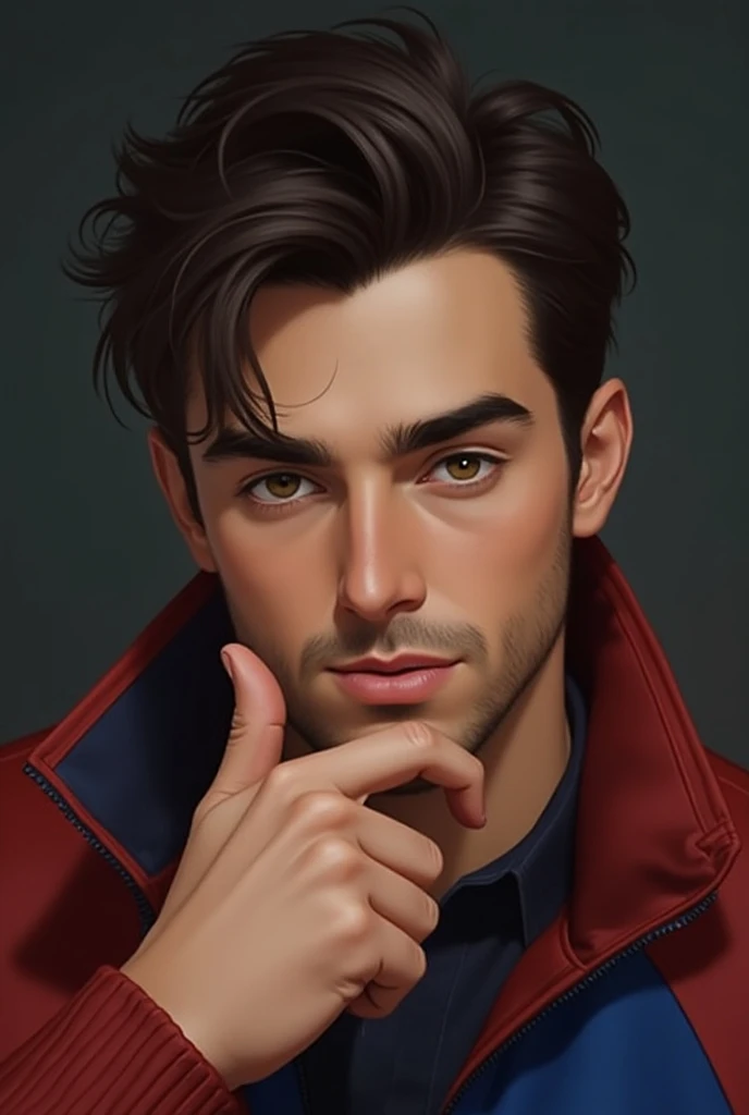  He has brown eyes and a slightly tanned complexion .  He wears a red and blue jacket and his finger rests on his chin . He seems to be looking down thoughtfully .  It is difficult to describe his mood or personality based solely on