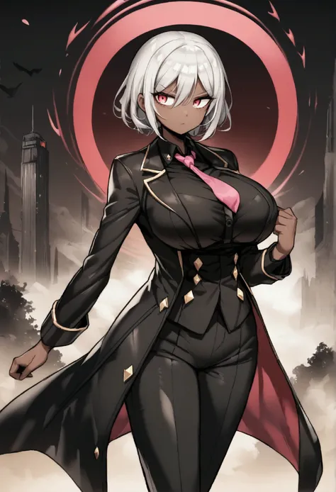  dark-skinned woman , large breasts,Pink tie, Black long sleeve shirt,black coat, black pants ,black shoe.