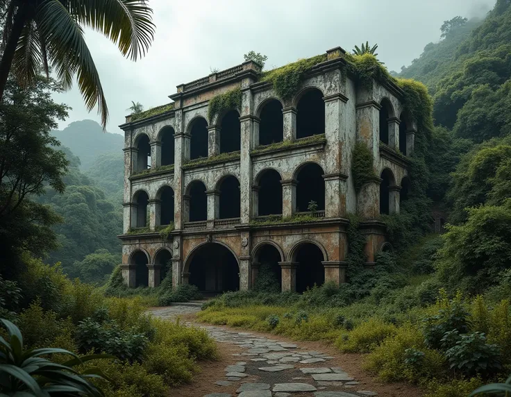 a crumbling and damaged hotel colon salinas ecuador, where vegetation has taken over, dramatic landscape, overgrown ruins, nature reclaiming the man-made, moody lighting, muted earthy tones, photorealistic, highly detailed, beautiful decaying architecture,...