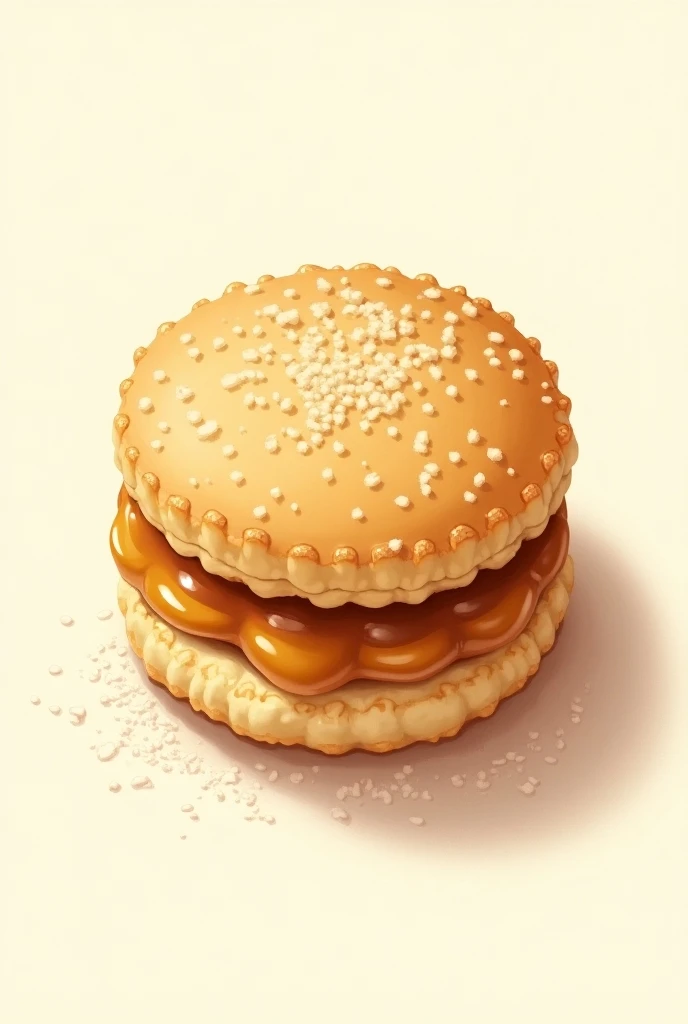 Illustration of an Alfajor filled with Dulce de Leche ,  with baking powder from a perspective from the top 