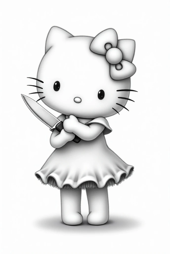 Hello Kitty in a dress with wings posing pretty , In black and white drawing posing very flirty
With a knife in hand 