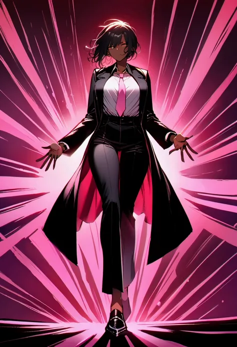  dark-skinned woman , large breasts,Pink tie, Black long sleeve shirt,black coat, black pants ,black shoe.