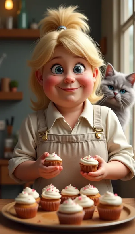 A fat blonde with a high short tail on top of her head is merrily baking cupcakes. The expression on his face is friendly. A fluffy grey cat is sitting on the window behind him. A festive atmosphere. Cinematic effect, high quality, 16K, ultratextured skin,...