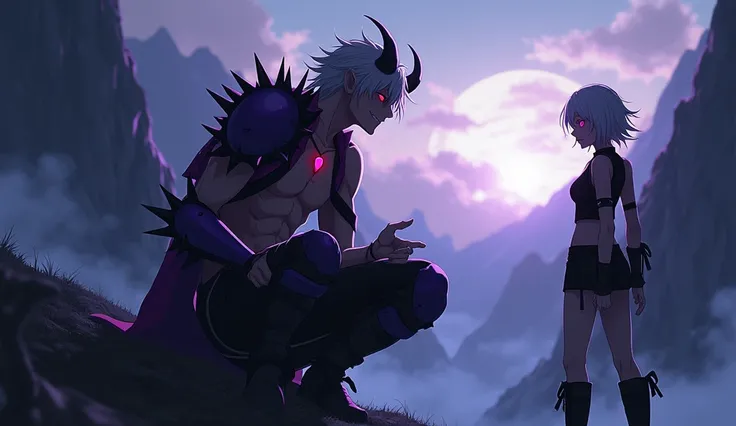 anime, demon, 22 years old,  small white horns ,  ashy tousled hair ,  lightweight purple vest ,  red stone in the chest , naked torso,  art, black pants,  spiked knee pads ,  high boots with spikes ,  black eye sockets  и фиолетовые глаза,  purple shields...