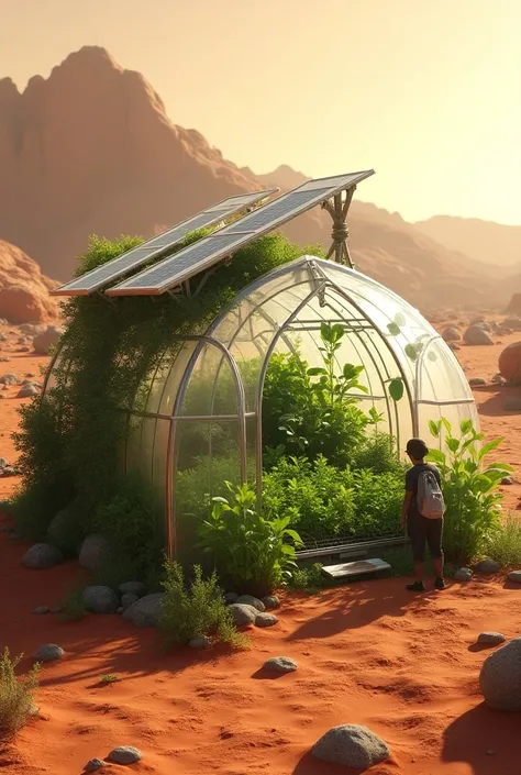 It creates the image of a plant greenhouse on Mars with a solar panel system on the side of the greenhouse as an energy source and an automatic irrigation system with a reservoir in the rear person with plants only inside and humans in the image as if it w...