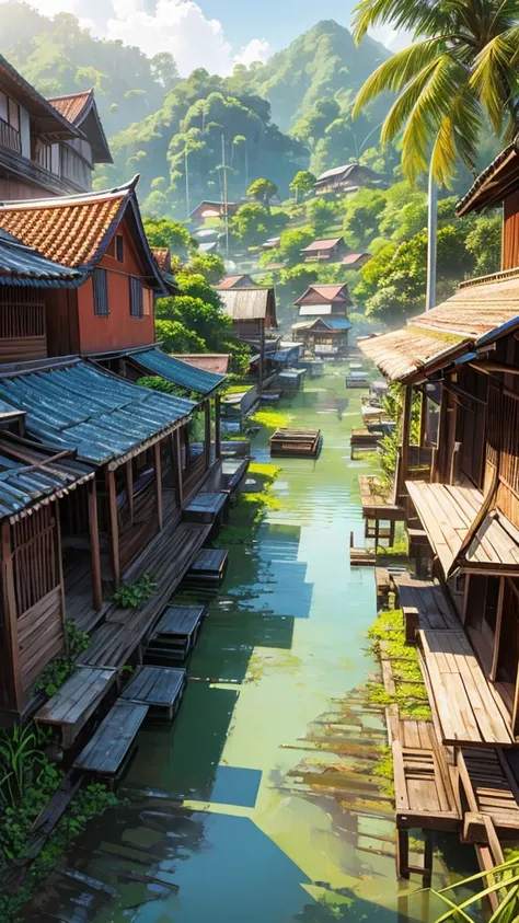 vibrant heavy HDR realistic painting Use rich, warm colors and detailed brush strokes to bring out textures, a typical Malay traditional village, wooden houses , rusted zinc roofing , paddy field, coconut trees , banana trees,