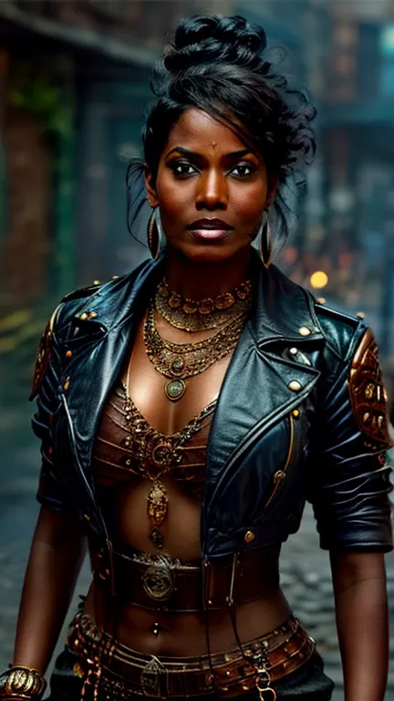 there is a sexy indian woman with a steam powered dark skin, with tall, royal look, street punk concept art, sexy full body view...