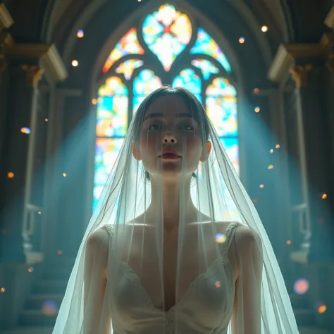 Ethereal and Haunting Live-Action VeiledFace from below, KAWAII Innocent Beauty Bride Wearing Veil on Full Face from Below,  Blurred Face Seen Through the Veil from below, The background wall to Dome Ceiling is Filled with Elaborate stained glass, {(Mystic...