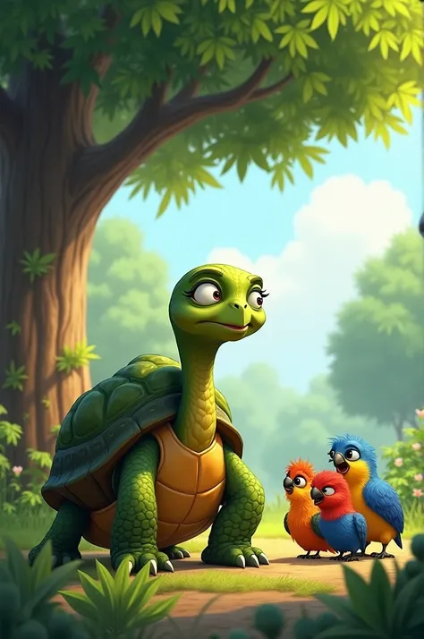 The tortoise standing under a tree listening intently as a group of birds chatter excitedly. His face is thoughtful, with a sly smiling creeping up as he comes up with a plan the birds are animated and colorful and the forest around them looks peaceful and...