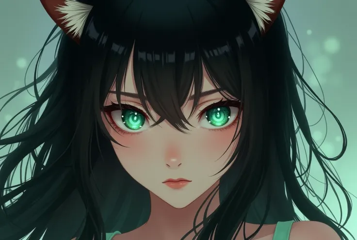 Long black hair cat ears women greenish-blue vertical pupils strip eyes 