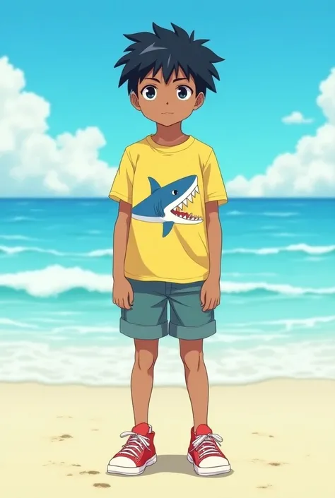  Anime Indian femboy boy straight black hair brown skin 🟤 wearing a yellow shirt with a shark design on the shirt. With ALL star red sneakers on the beach Japanese anime 