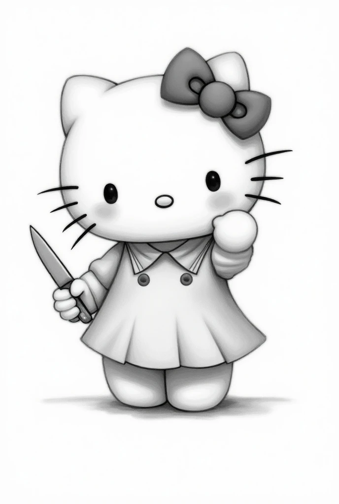 Hello Kitty in a dress with wings posing pretty , In black and white drawing posing very flirty
With a knife in hand 