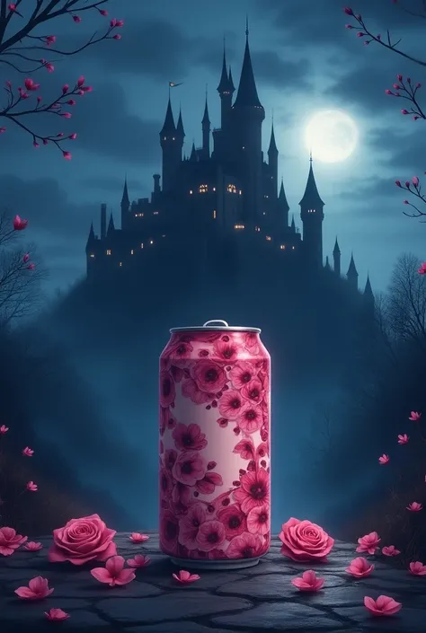 advertisement. In the background of the castle, a can of energy drink with a design of petals and kisses is painted in the night. Dark Disney style drawing , but gentle .