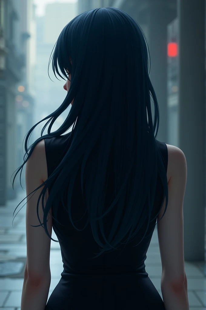 woman from behind,  you cant see her face,  dark blue hair , brown smooth long. Shes wearing a vest  