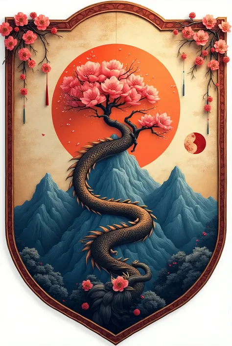  Imagine a shield divided vertically into two parts ,  with a plum blossom in the center , surrounded by a stylized dragon .  The background could have a mountain of five peaks at the bottom,  with the sun on the left and the moon on the right at the top ....