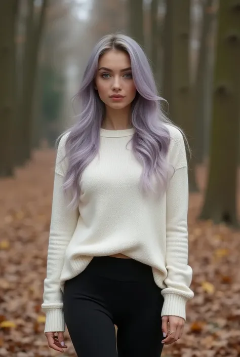 A woman , 21 years old,  long hair with a color gradient at the base in gray and towards the tips it turns lavender .  The hair is slightly wavy . She has fair skin and looks very pretty .  Her eyes are a mix of blue ,  green and gray . She has big breasts...