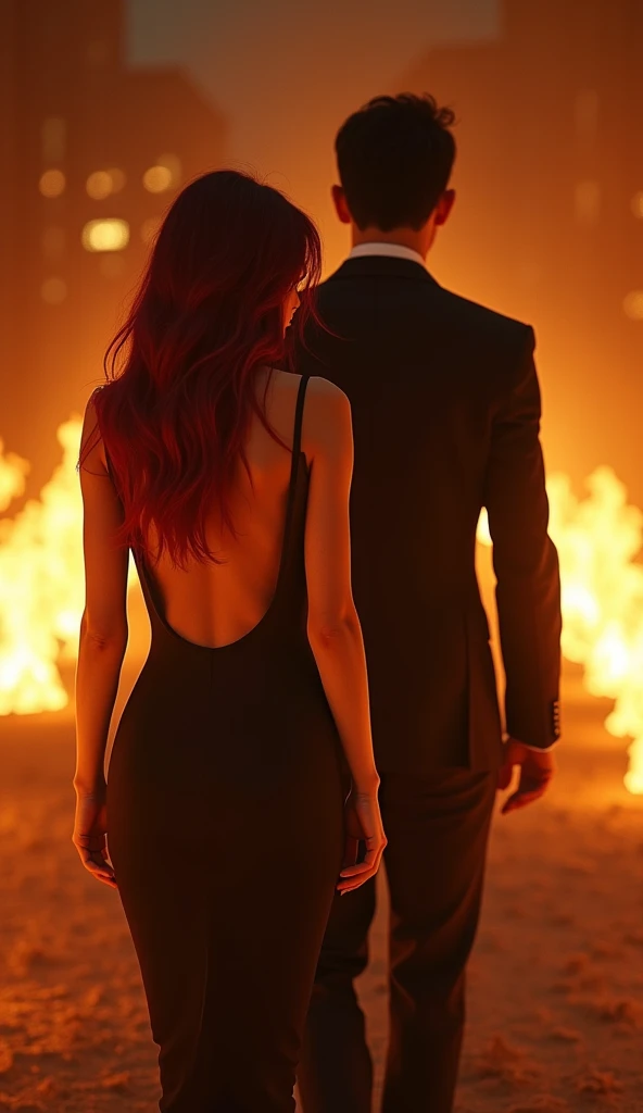 A woman with wine red hair has her back turned, she is wearing a tight black dress with an open back, next to her is a man with black hair, his back is turned, he is wearing a black suit. Both walking through the flames of the Fire. Night scene with flame ...