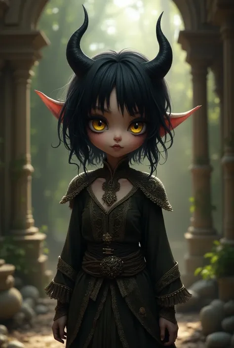 Create the image in the style of a medieval anime of a small , satire, half-fairy-haired, black-haired,  golden eyes,  black skin and its horns colored black , and with appropriate clothing  