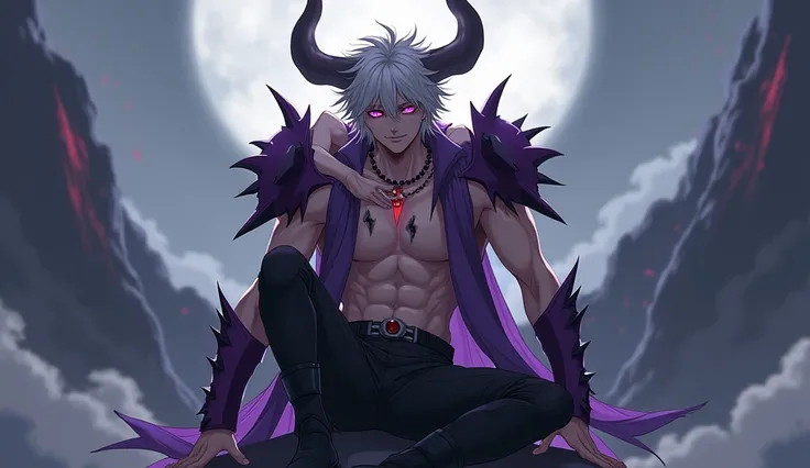 anime, demon, 22 years old,  small white horns ,  ashy tousled hair ,  lightweight purple vest ,  red stone in the chest , naked torso,  art, black pants,  spiked knee pads ,  high boots with spikes ,  black eye sockets  и фиолетовые глаза,  purple shields...