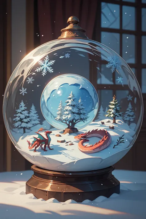 A kaleidoscopic dragon inside a snow globe