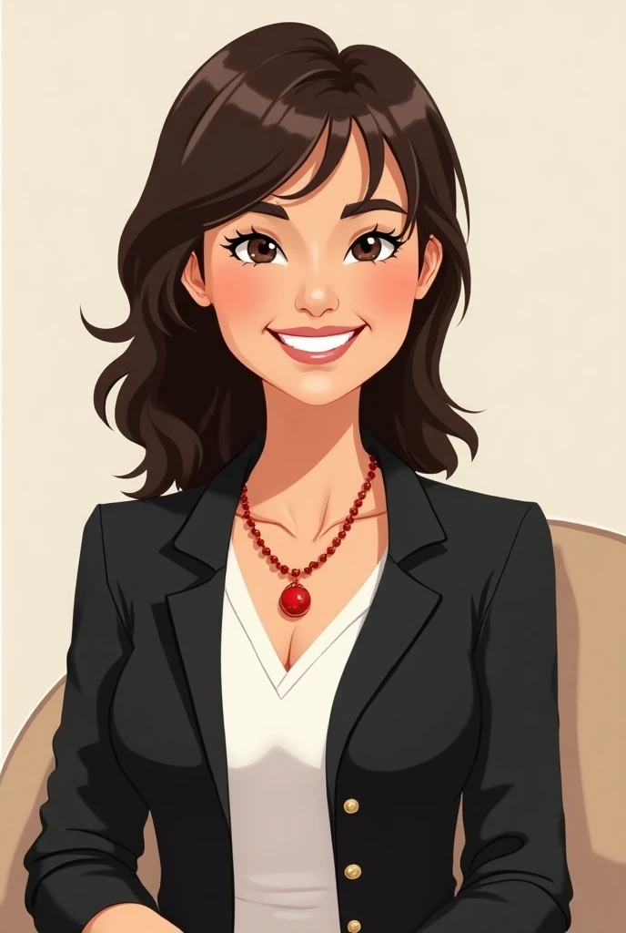 Give me a cartoon image of a middle-aged woman with medium-length dark brown hair,  and a fringe that falls over her forehead .  She has fair skin and dark brown eyes ,  prominent nose and a wide smile .  She seems to be in a relaxed posture , sitting with...