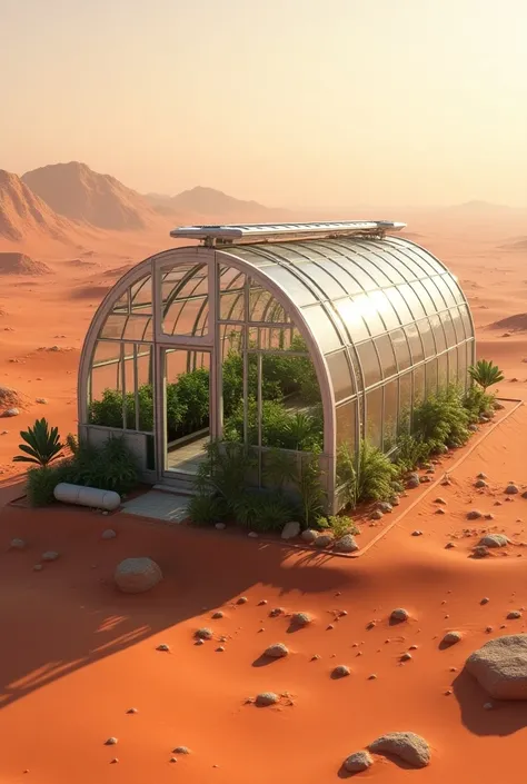 Create the image of a greenhouse closed with solar panels on the side of the greenhouse with the automatic irrigation system visible with a water reservoir attached to the Martian atmosphere