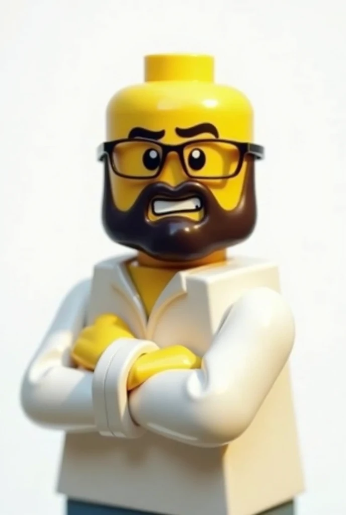   image of a lego doll with arms crossed beard in a bald padlock, white shirt rolled up a raised eyebrow smiling with glasses , half profile, white background