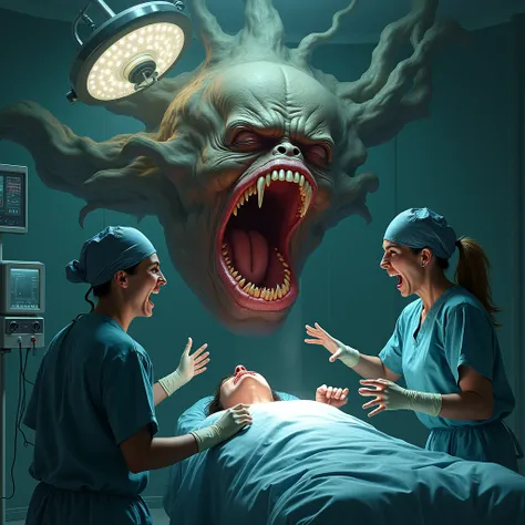 Monster tumor in the operating room , surgeon and nurse with an expression of fear and panic. terror,  supernatural , horror, Operation 