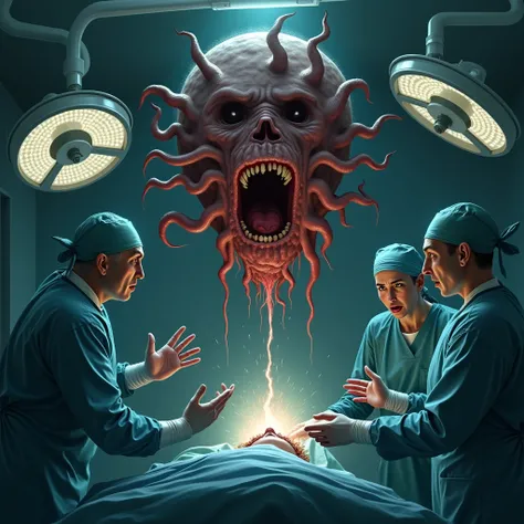 Monster tumor in the operating room , surgeon and nurse with an expression of fear and panic. terror,  supernatural , horror, Operation 