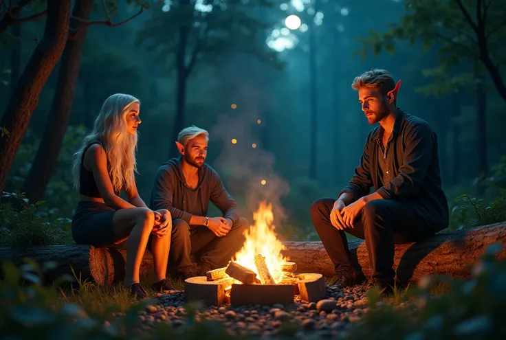 a beautiful blonde girl, a handsome blonde elf, and a stylish guy sitting on wooden logs around a warm campfire in a dense forest at night, masterpiece, best quality, ultra-detailed, 8k, hyper realistic, cinematic lighting, dramatic mood, vibrant colors, i...