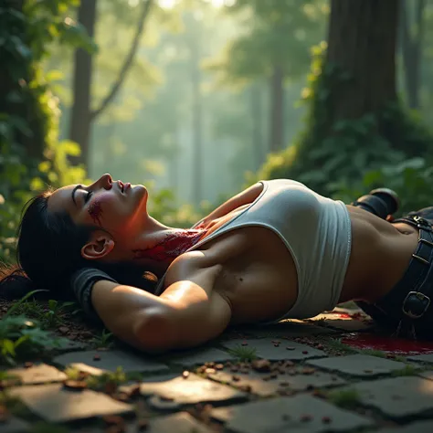 a muscular woman with six-pack abs, medium shoulders, medium breasts, body glistening with sweat, short ponytail, wearing a tight white cropped tank top, tight black cargo pants and black boots, lying on a stone floor on her back, in a forest, arms spread ...