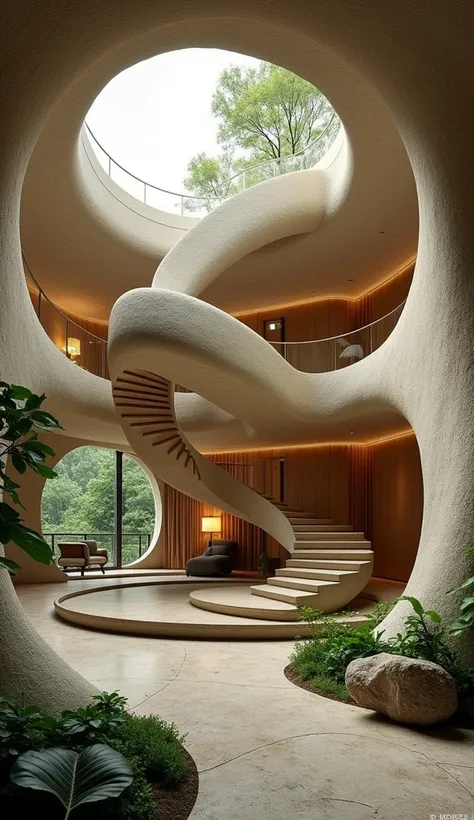 organic architecture, interior house, In the center a spiral staircase