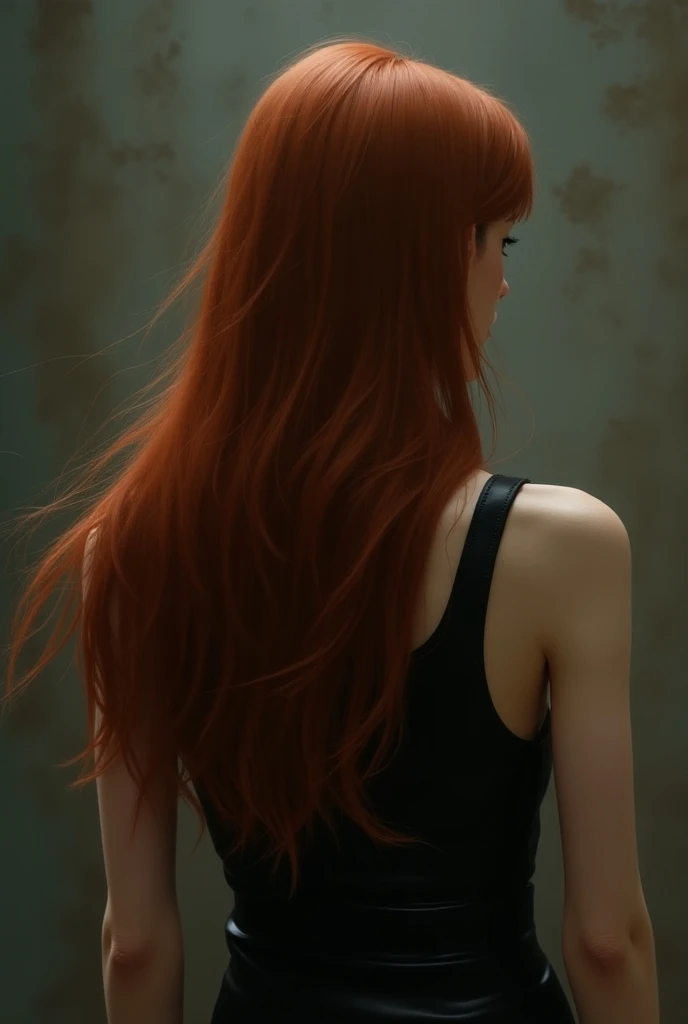 woman from behind,  you cant see her face,  brown red hair, smooth long . Shes wearing a vest  