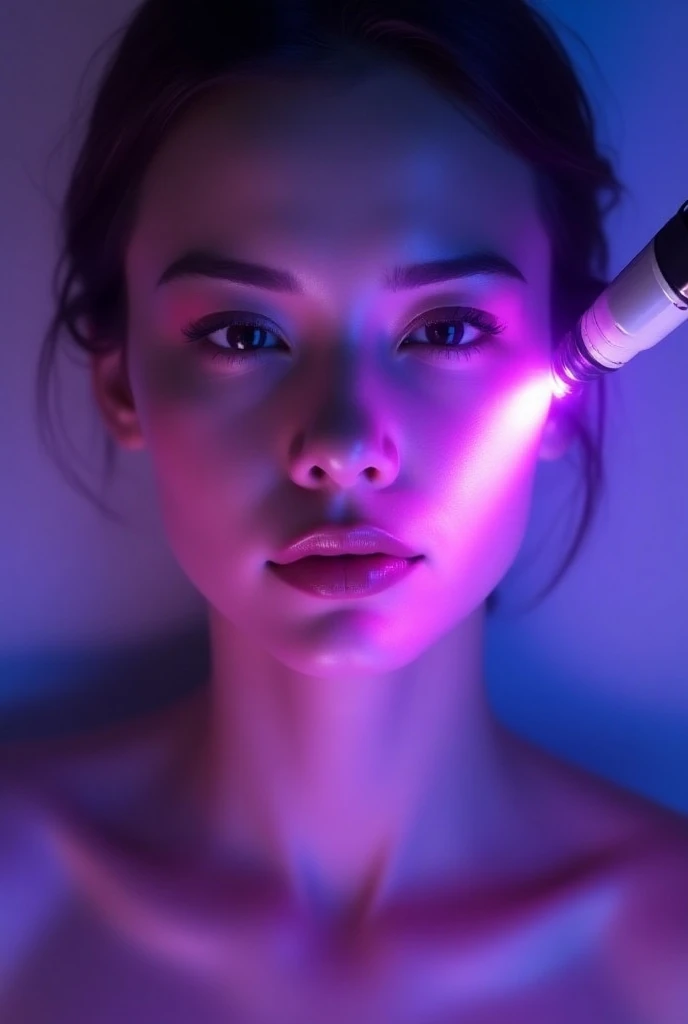 genere moi une image époustouflante pour une publicité sur le plasma nouvelle génération avec limage dun plasma pen avec une lumiere violette au bout qui touche le visage dune femme mettant en avant la beauté