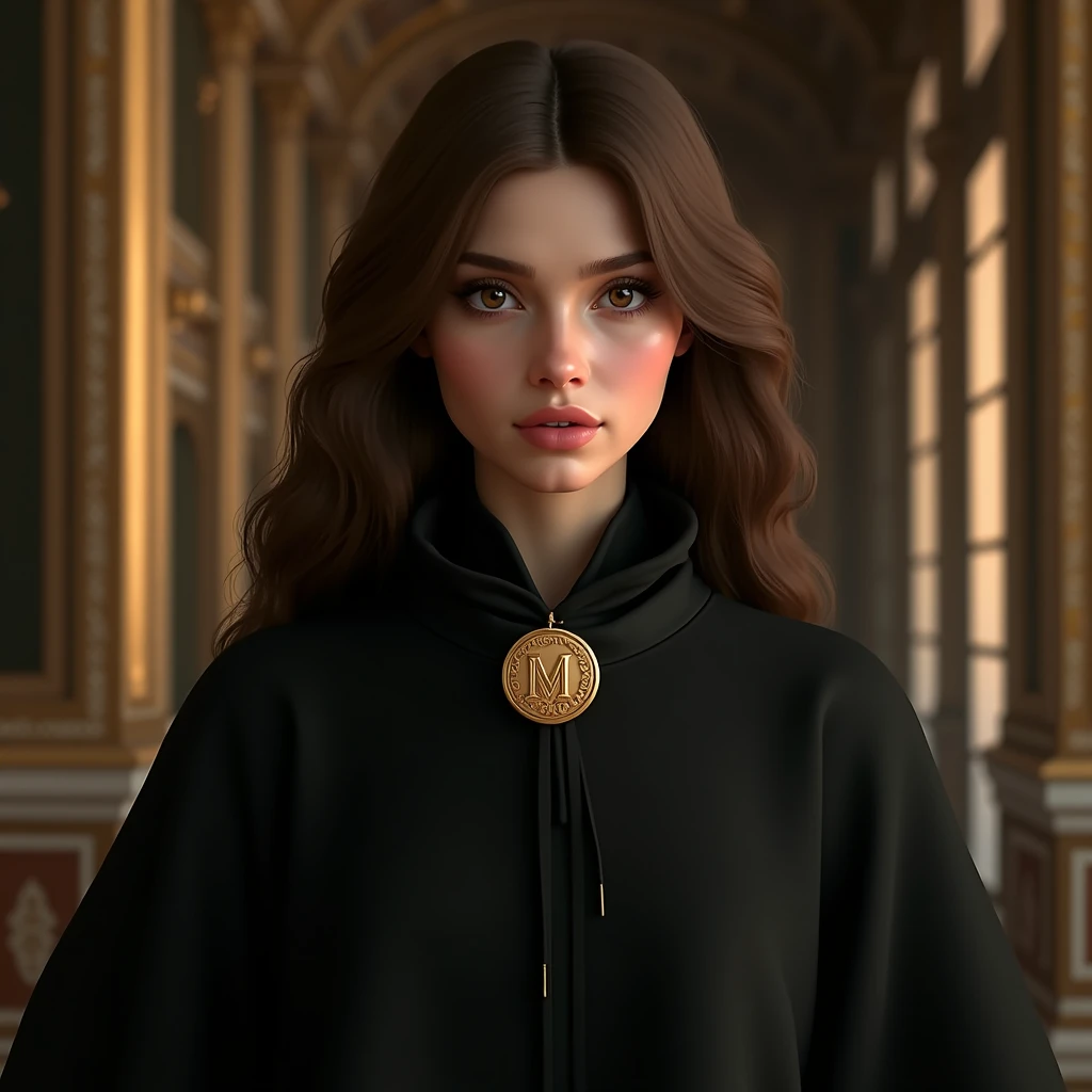 A woman,  with straight brown hair ,  with innocent brown eyes ,  dressed in a black cape and a brooch adjusting the cape with the initials M.L in gold ,  in the background a room of a palace , realistic humans Shine ,  tall details ,  text, quality,  lyri...