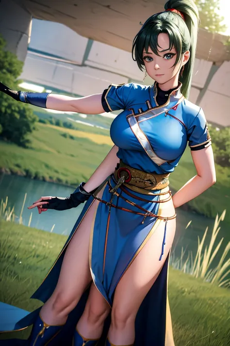 masterpiece, best quality, defaultLyn, 33 years old, blue dress, pelvic curtain, sash, fingerless gloves, standing, looking at viewer, stream, plains, mountains, arms behind back, leaning forward, serene expression, thight waist, shiny thighs