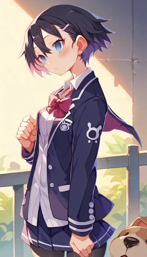 NSFW Partial Uncensored, Uncensored, Super High Definition, One Little Girl, School Blazer, Uniform, See-Through, 40 Denier Black Tights, Purple, Black Hair, Short Hair, Blue Eyes, Medium Chest, Face, Dog