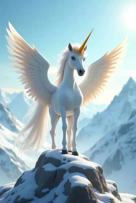 A white unicorn character with very large white wings and very long white hair with golden tips with blue eyes Wearing a crown 30 years old, Pixar characters cartoon , standing on the top of a mountain,