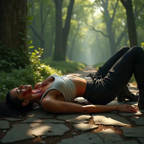 a muscular woman with six-pack abs, medium shoulders, medium breasts, body glistening with sweat, short ponytail, wearing a tight white cropped tank top, tight black cargo pants and black boots, lying on a stone floor on her back, in a forest, arms spread ...