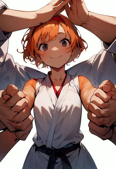 ((alone))、 girl、Small breasts、 orange hair holding、 short hair 、Dark Eyes、(Wearing a judo uniform)、((Facing forward))、(The fists of both hands are stuck together)、 Red Headband、Cool smile、(( masterpiece))、 high definition、 high resolution on down、Thick Coa...