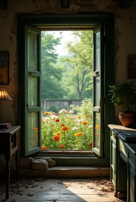 interior view very old vintage house with garden view full of flowers