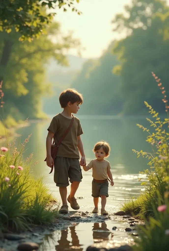 An image of two boys, one larger and the other smaller, walking along the riverbank 